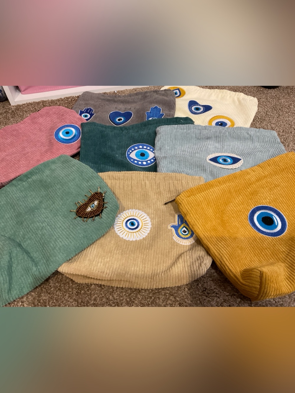 Corduroy Makeup Bag with Evil Eye Design